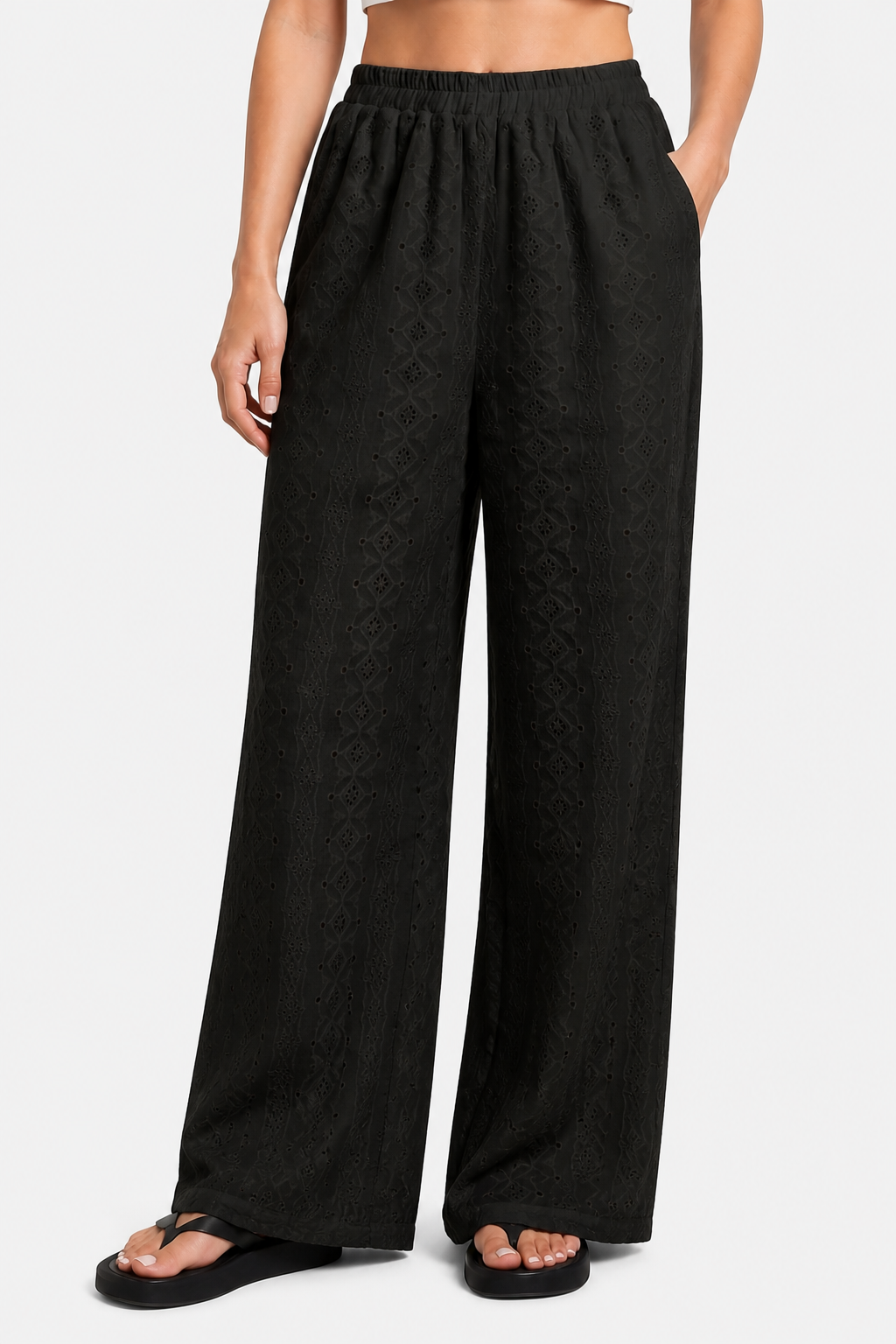 Élodienne – Broderie anglaise grace – Wide-leg trousers - Black - front