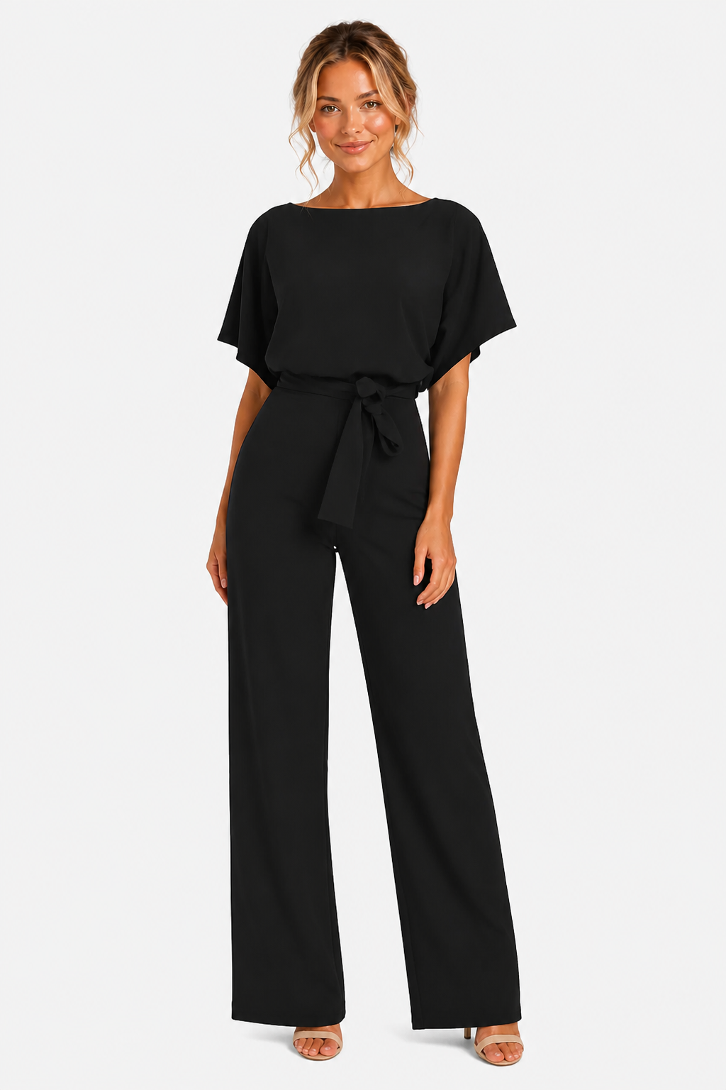 Short Sleeve Belted Jumpsuit Boat Neck Summer One Piece - Black - front