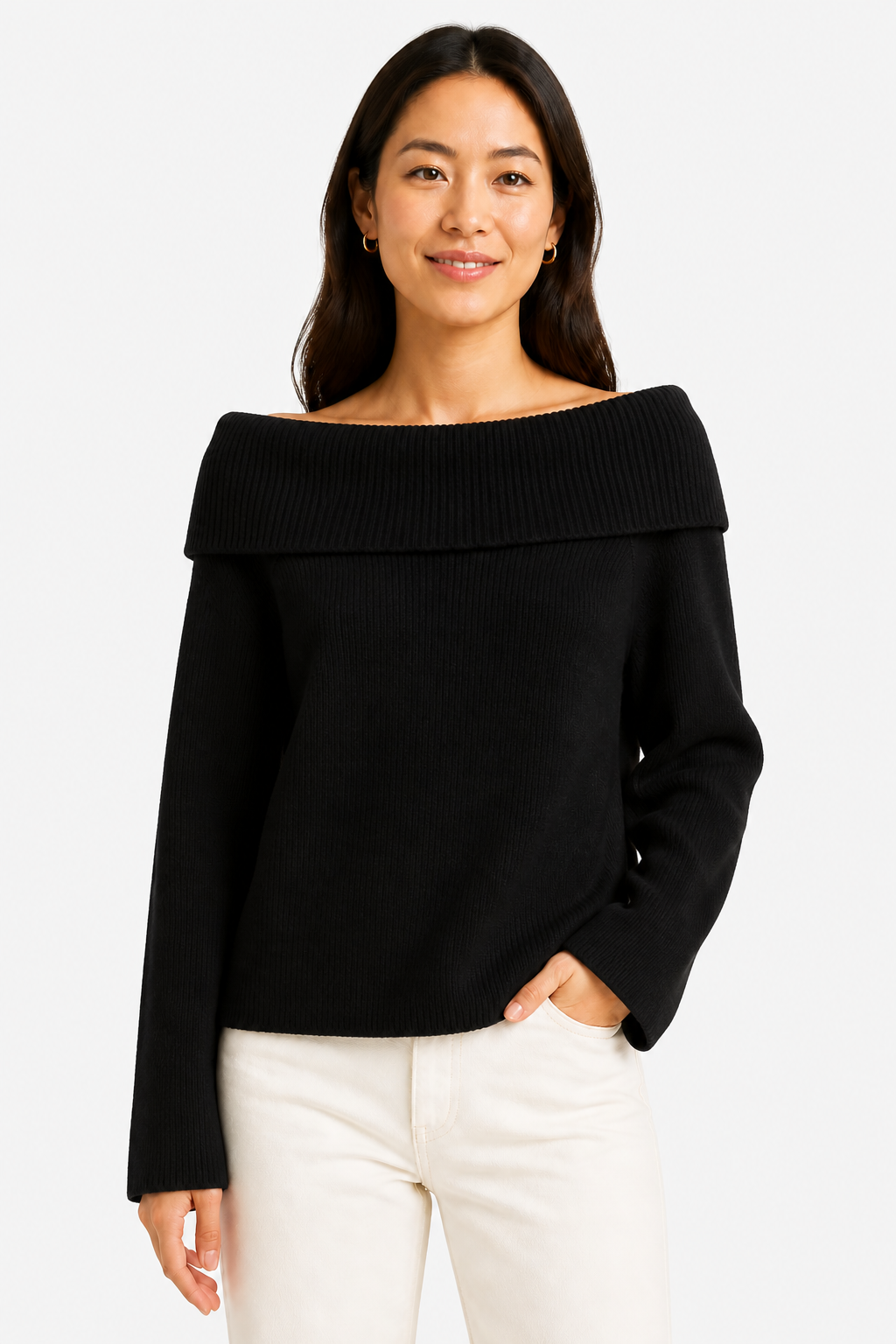 Off Shoulder Jumper for Women - Black - front