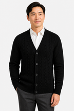 Men's Cable Knit Cardigan - V-Neck Button Front - Black - front