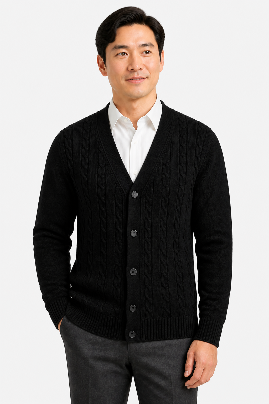 Men's Cable Knit Cardigan - V-Neck Button Front - Black - front