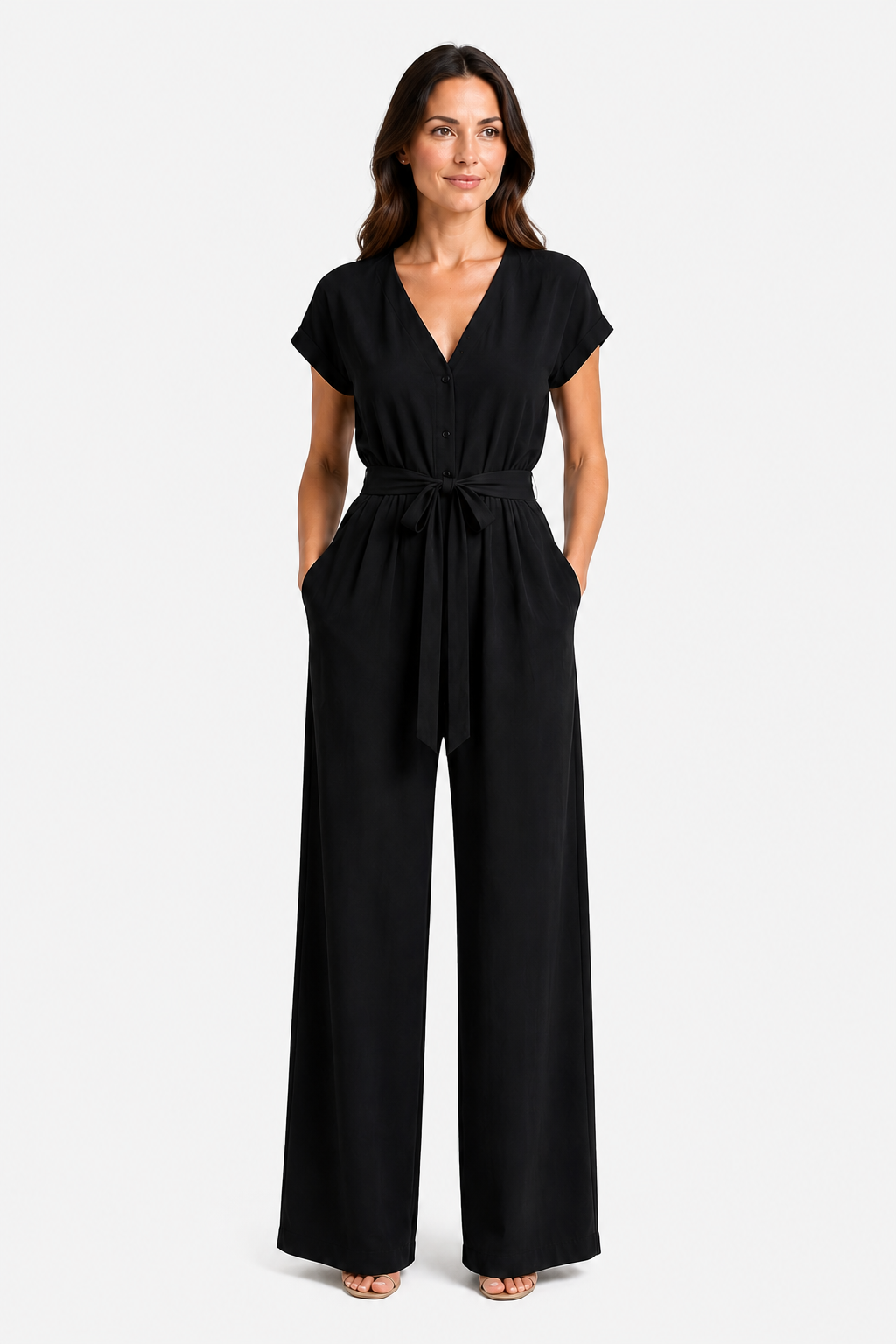 Women's Relaxed Wide Leg Jumpsuit – Tie Waist Summer Style - Black - front