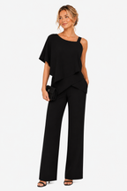 Asymmetric Overlay Wide Leg Jumpsuit - Black - front