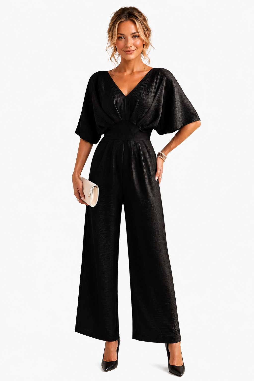 Lunévia – Elegant batwing silhouette – Jumpsuit - Black - front