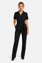 Collared Jumpsuit Belted Short Sleeve Everyday - Black - front