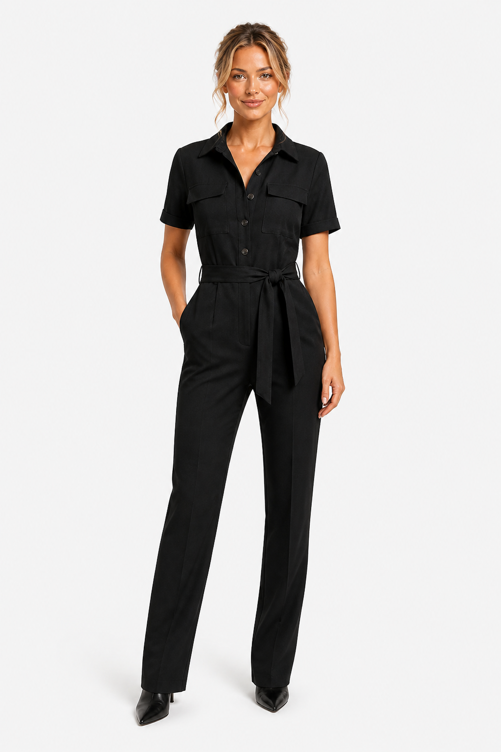 Collared Jumpsuit Belted Short Sleeve Everyday - Black - front