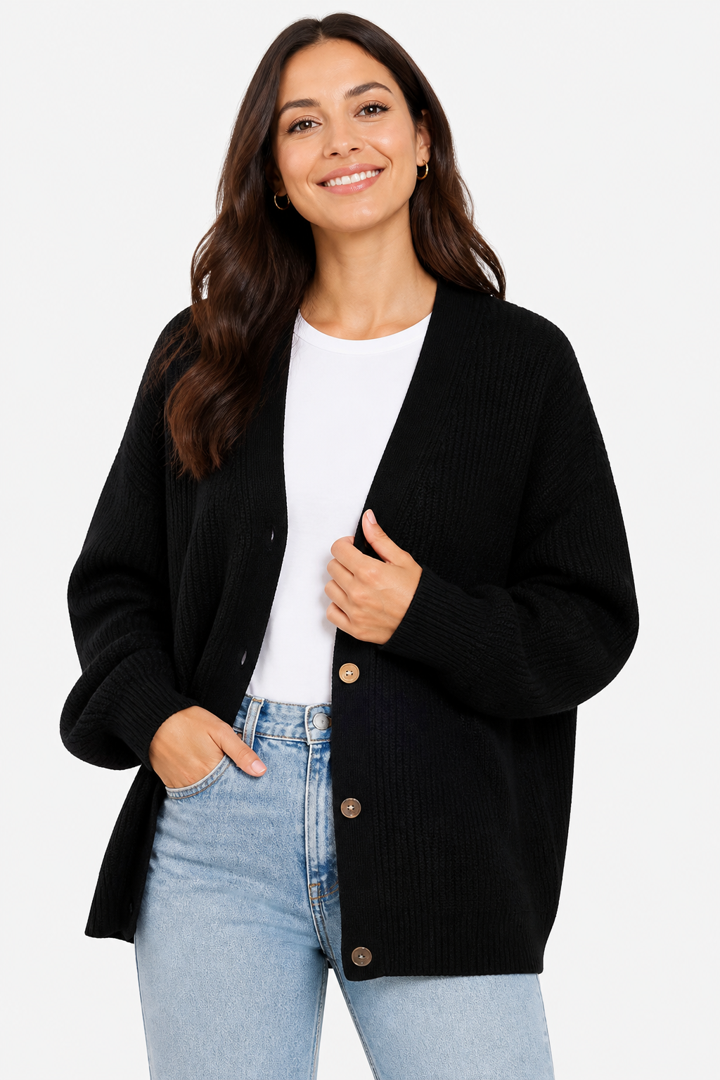 Oversized Ribbed Knit Cardigan for Women - Black - front