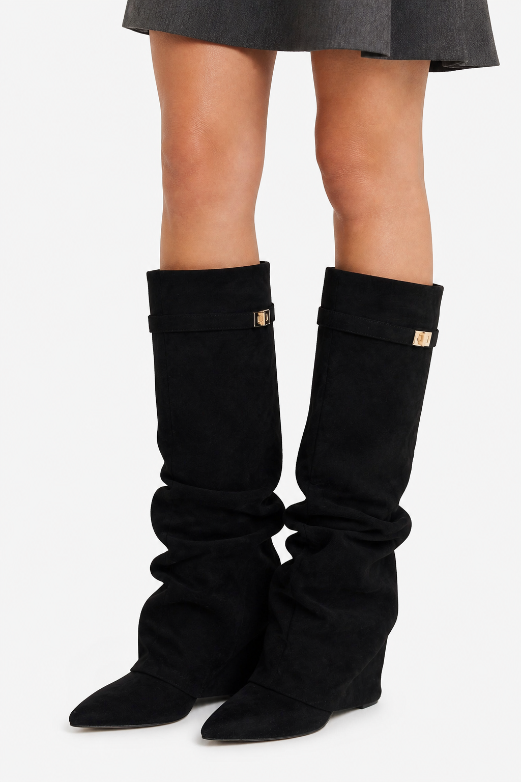 Knee High Slouch Boots - Pointed Toe - Black - front