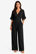 Women’s Relaxed Fit Wide-Leg Jumpsuit – Cinched Waist Style - Black - front