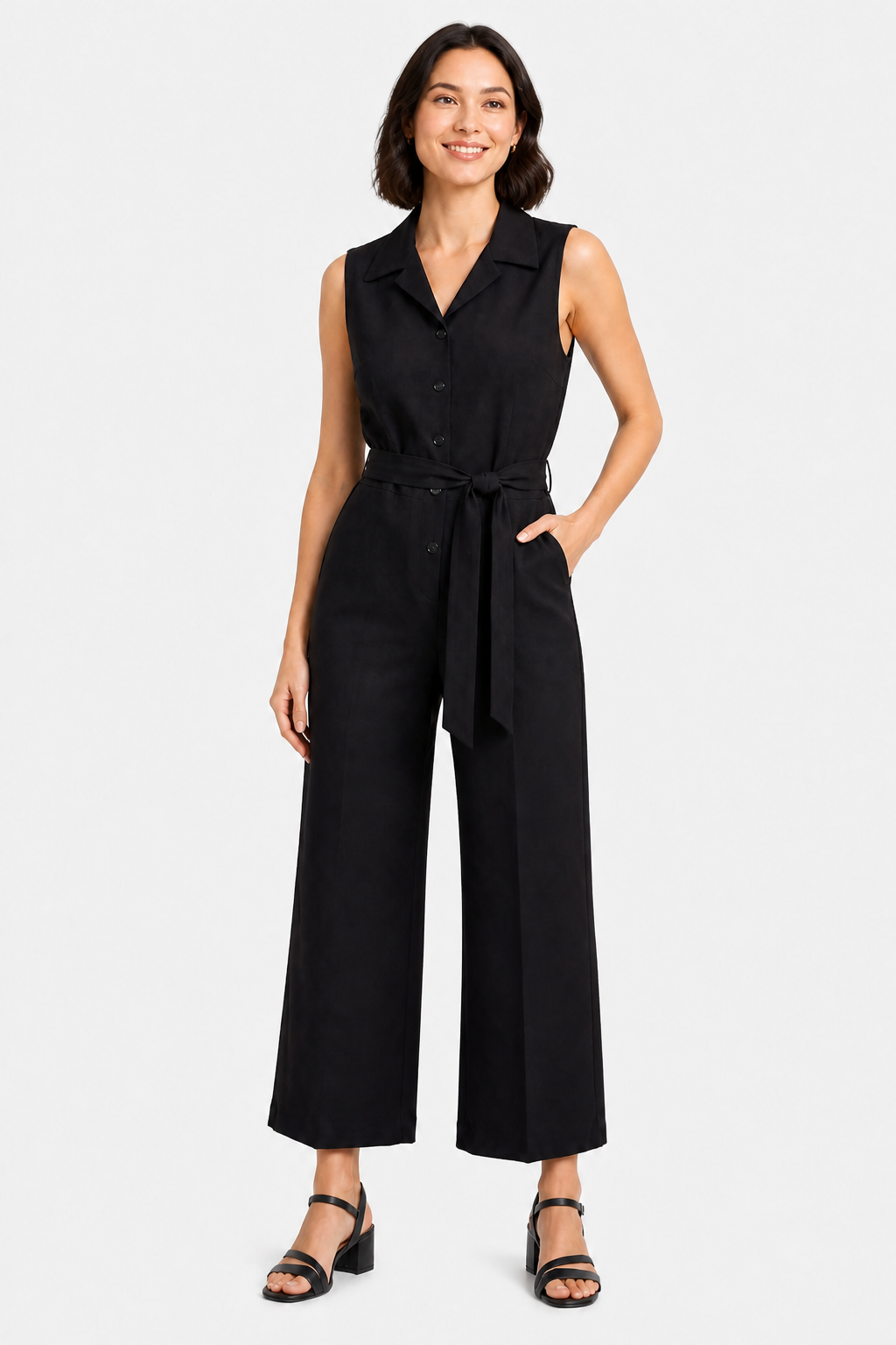 Orléane – Belted office elegance – Wide-leg jumpsuit - Black - front