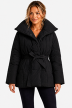 Valmira – Oversized collar – Belted puffer coat - Black - front
