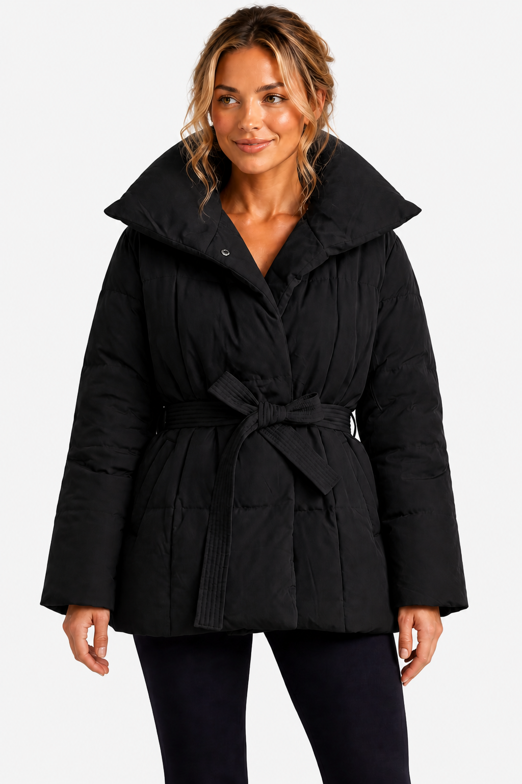 Valmira – Oversized collar – Belted puffer coat - Black - front