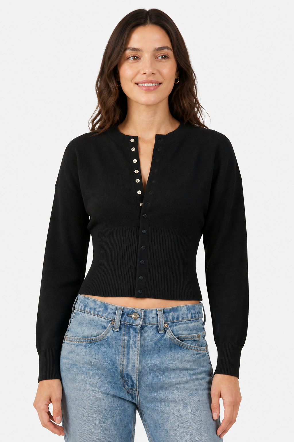 Cropped Cardigan with Button-Front for Women - Black - front