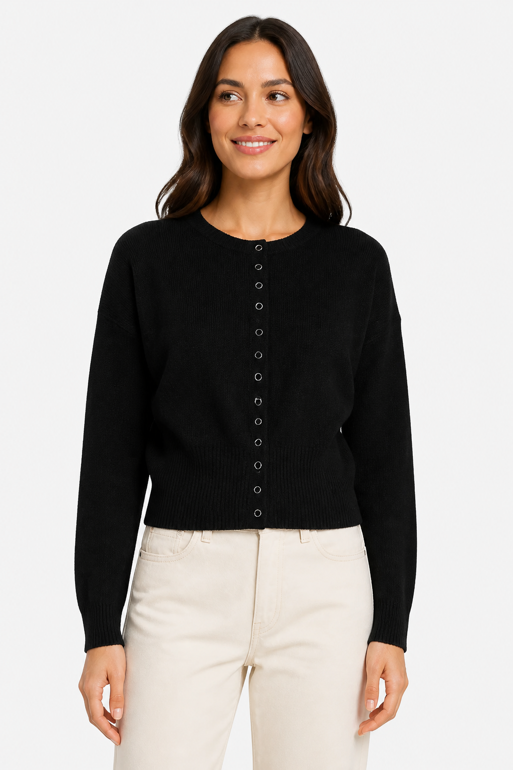 Elegant Crop Ribbed Cardigan for Women - Black - front
