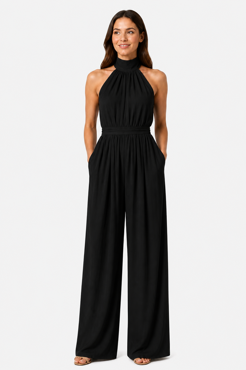 Women’s Halter Neck Wide Leg Jumpsuit – Elegant Flowing Style - Black - front