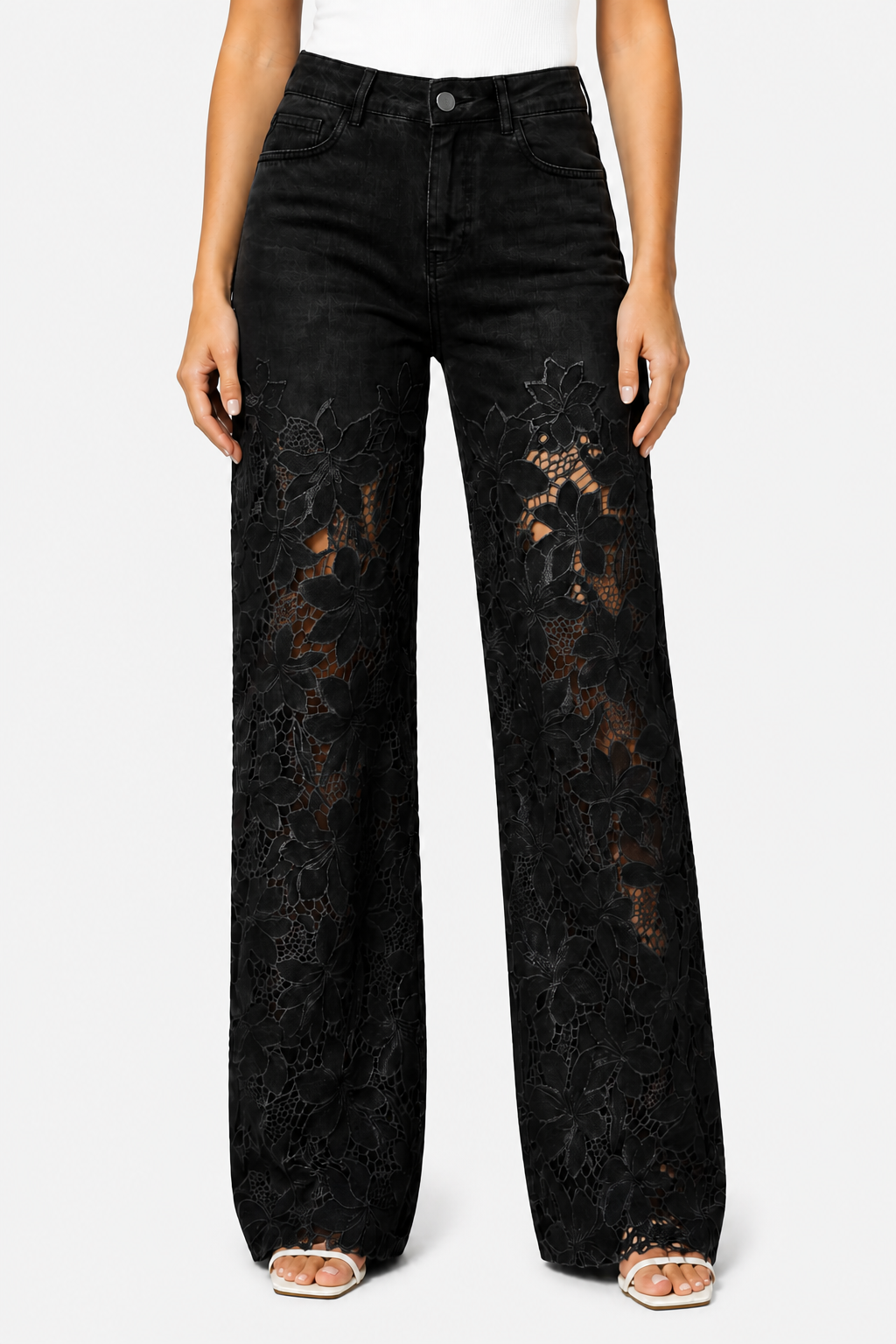 Solérine – Floral lace overlay – Wide-leg denim jeans - Black - front