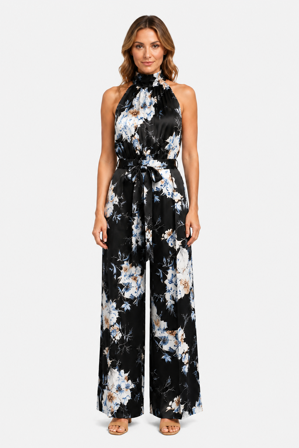 Women's Floral Halter Neck Wide Leg Jumpsuit – Tie Waist Style - Black - front