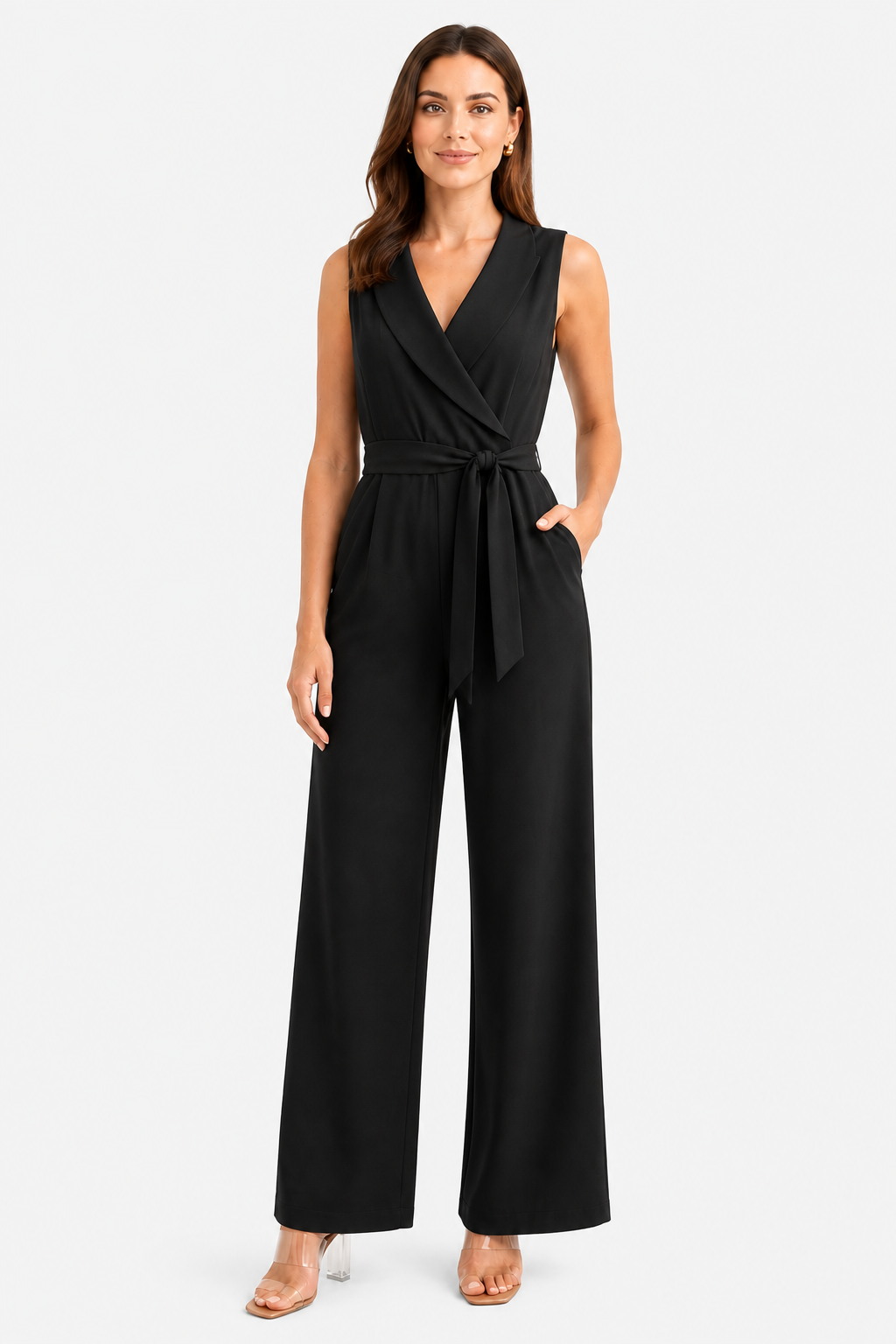 Women’s Sleeveless Wide Leg Jumpsuit – Elegant Tie Waist Style - Black - front