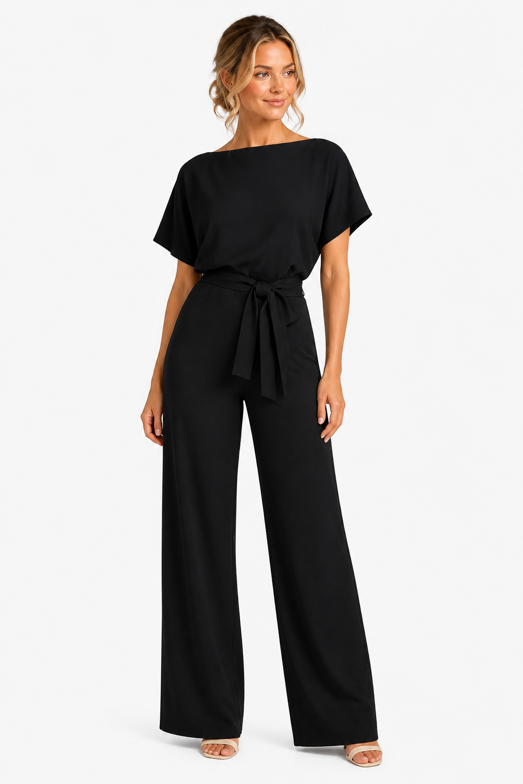 Wide Leg Jumpsuit With Waist Tie - Black - front