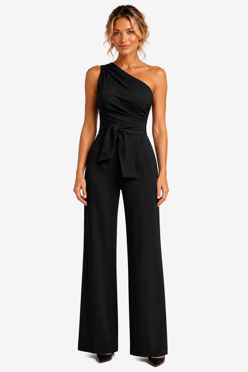 One Shoulder Wide Leg Jumpsuit - Black - front