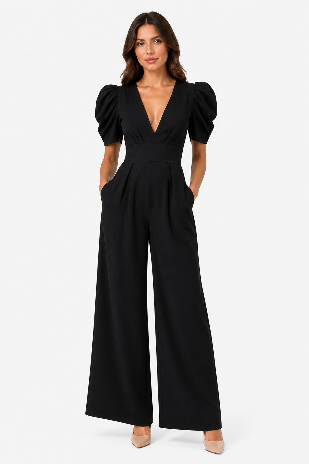 Women's Puff Sleeve Wide Leg Jumpsuit – Tailored Formal Style - Black - front
