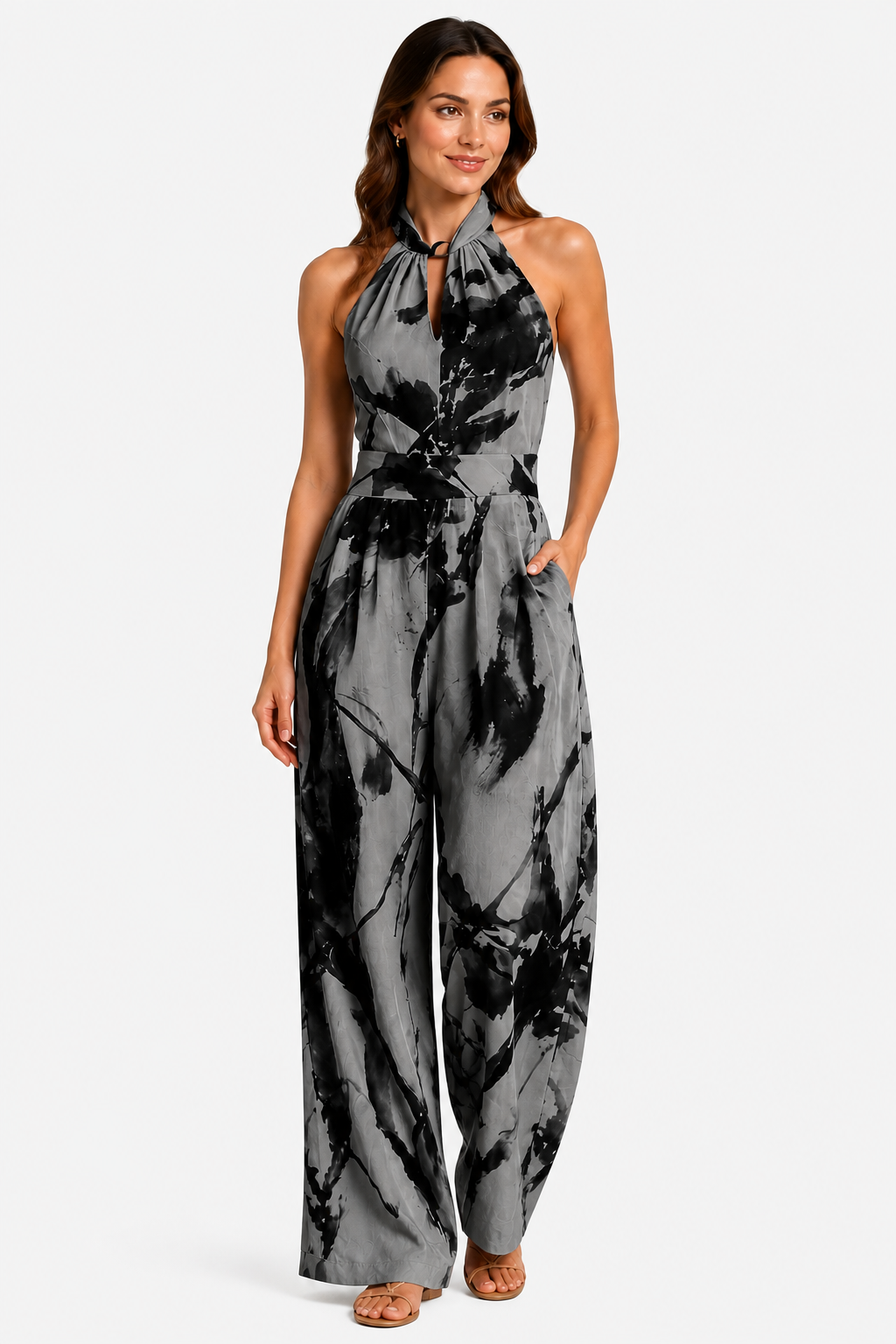 Women’s Printed Wide-Leg Jumpsuit – Relaxed Summer Fit - Black - front