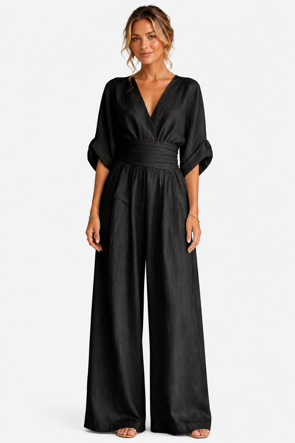 Valoria – Draped waist elegance – Wide-leg jumpsuit - Black - front