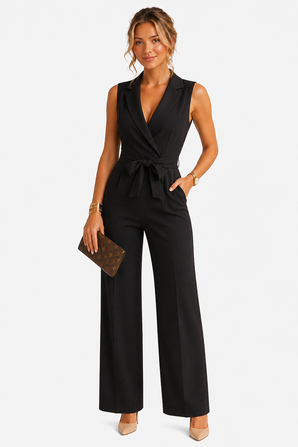 Elegant Wrap Jumpsuit Tailored Wide Leg Formal Outfit - Black - front