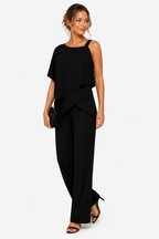 Asymmetric Overlay Wide Leg Jumpsuit - Black - side left