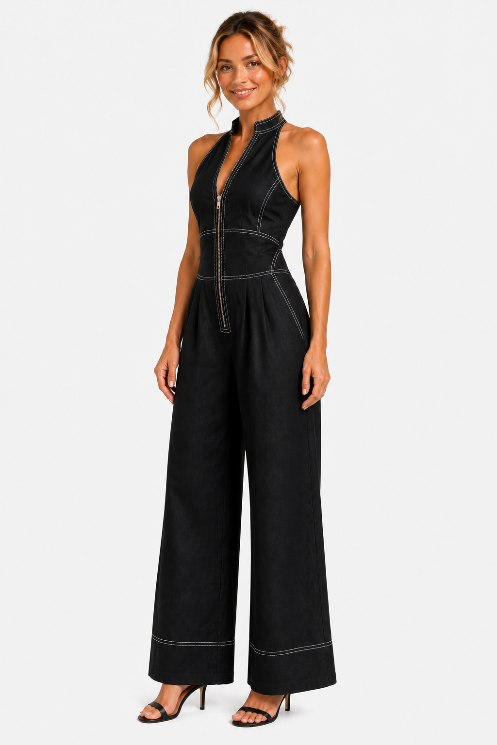 Darelle – Contrast stitch utility – Wide-leg jumpsuit - Black - side left