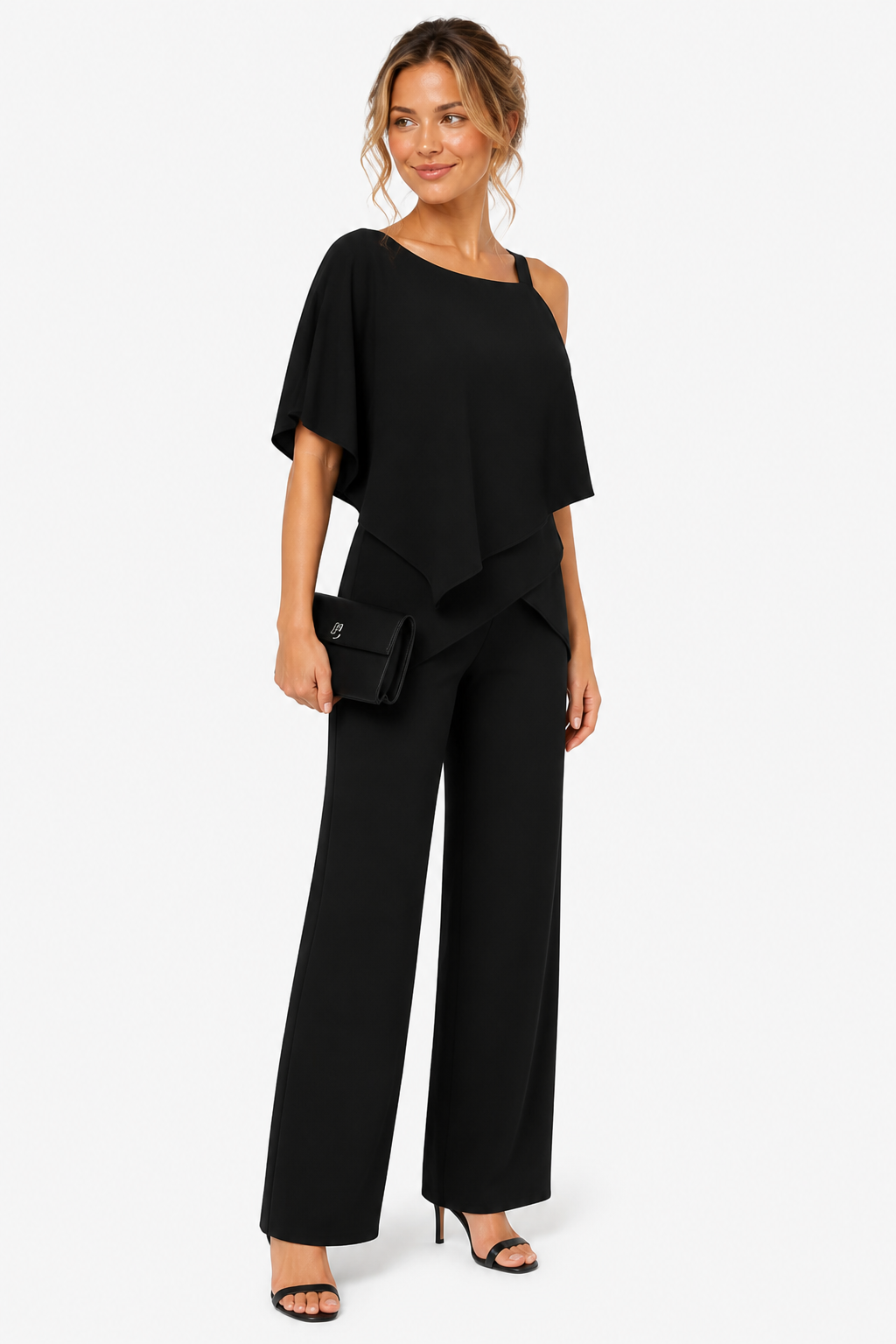 Asymmetric Overlay Wide Leg Jumpsuit - Black - side right