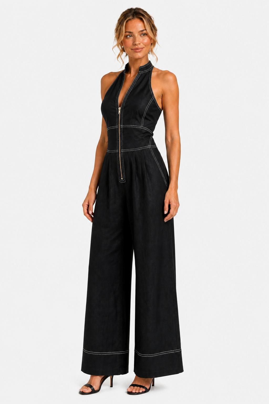 Darelle – Contrast stitch utility – Wide-leg jumpsuit - Black - side right