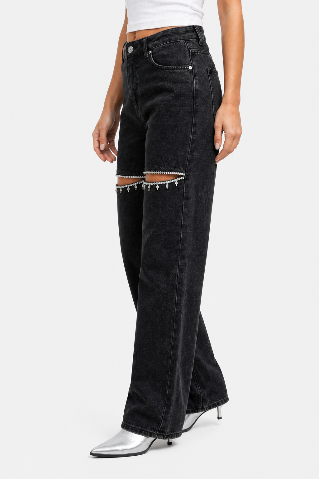 Velmoura – Crystal cut detail – Wide leg jeans - Black - side