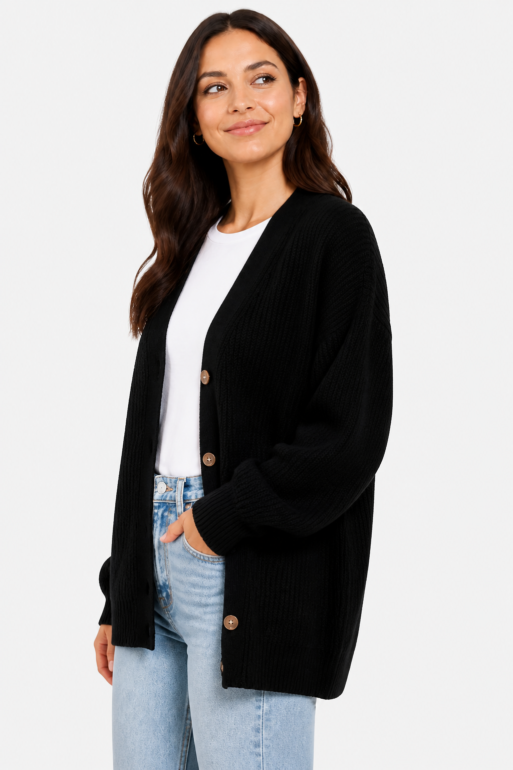 Oversized Ribbed Knit Cardigan for Women - Black - side