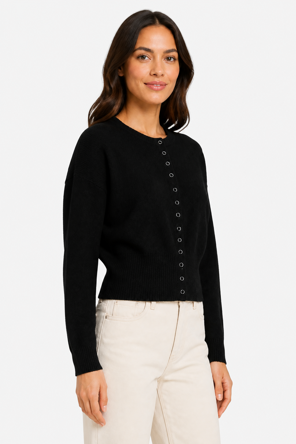 Elegant Crop Ribbed Cardigan for Women - Black - side