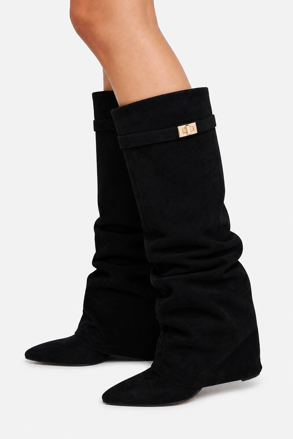 Knee High Slouch Boots - Pointed Toe - Black - side