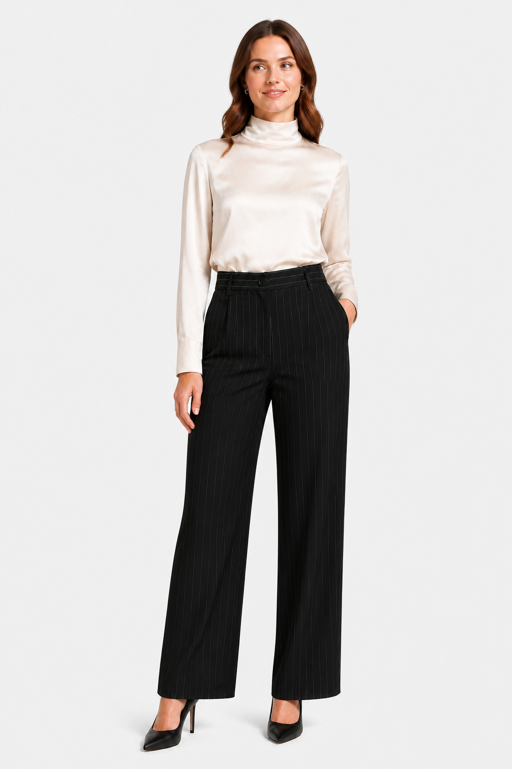 Belloire – Refined pinstripe elegance – Wide-leg trousers - Black - whole body 2