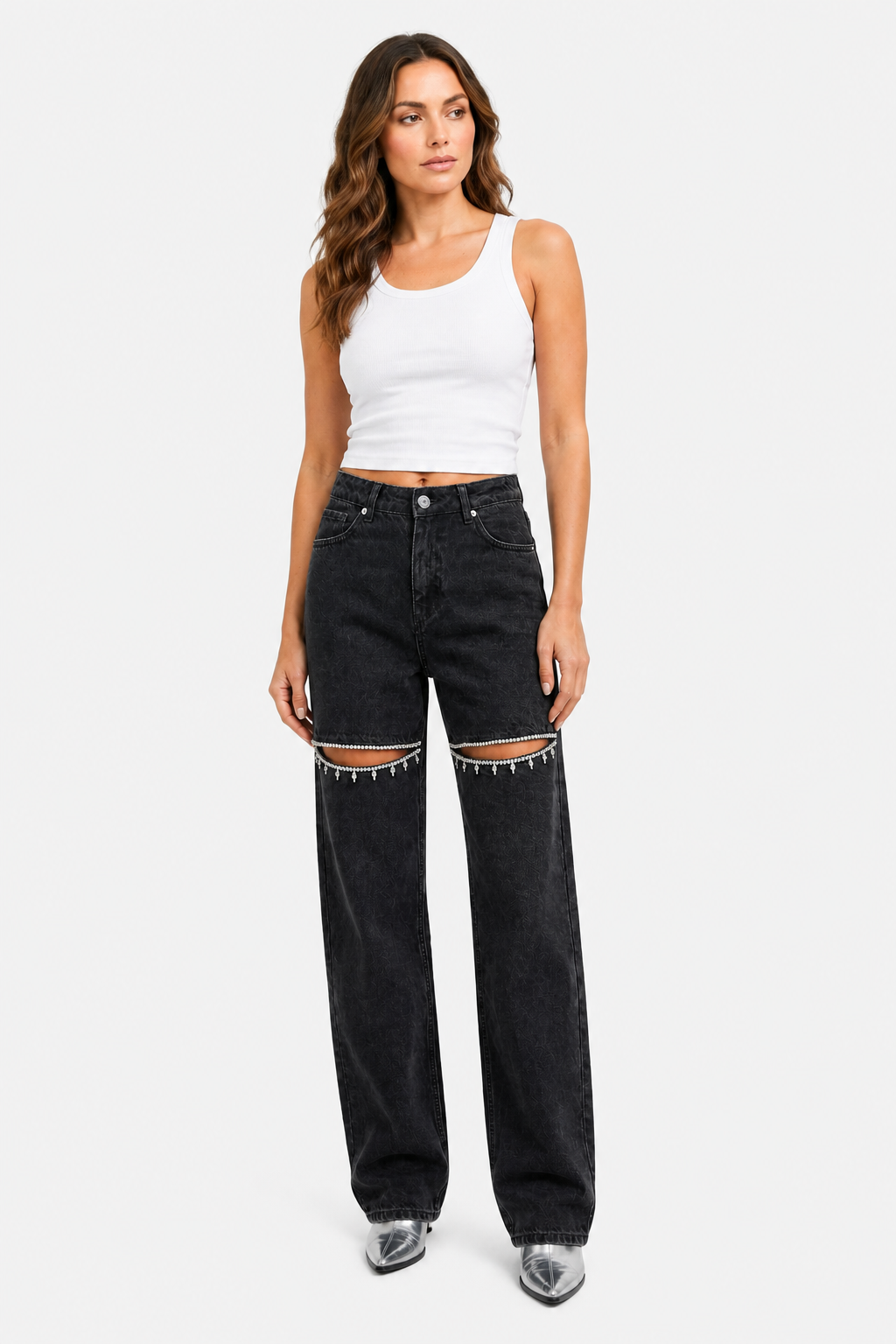 Velmoura – Crystal cut detail – Wide leg jeans - Black - whole body