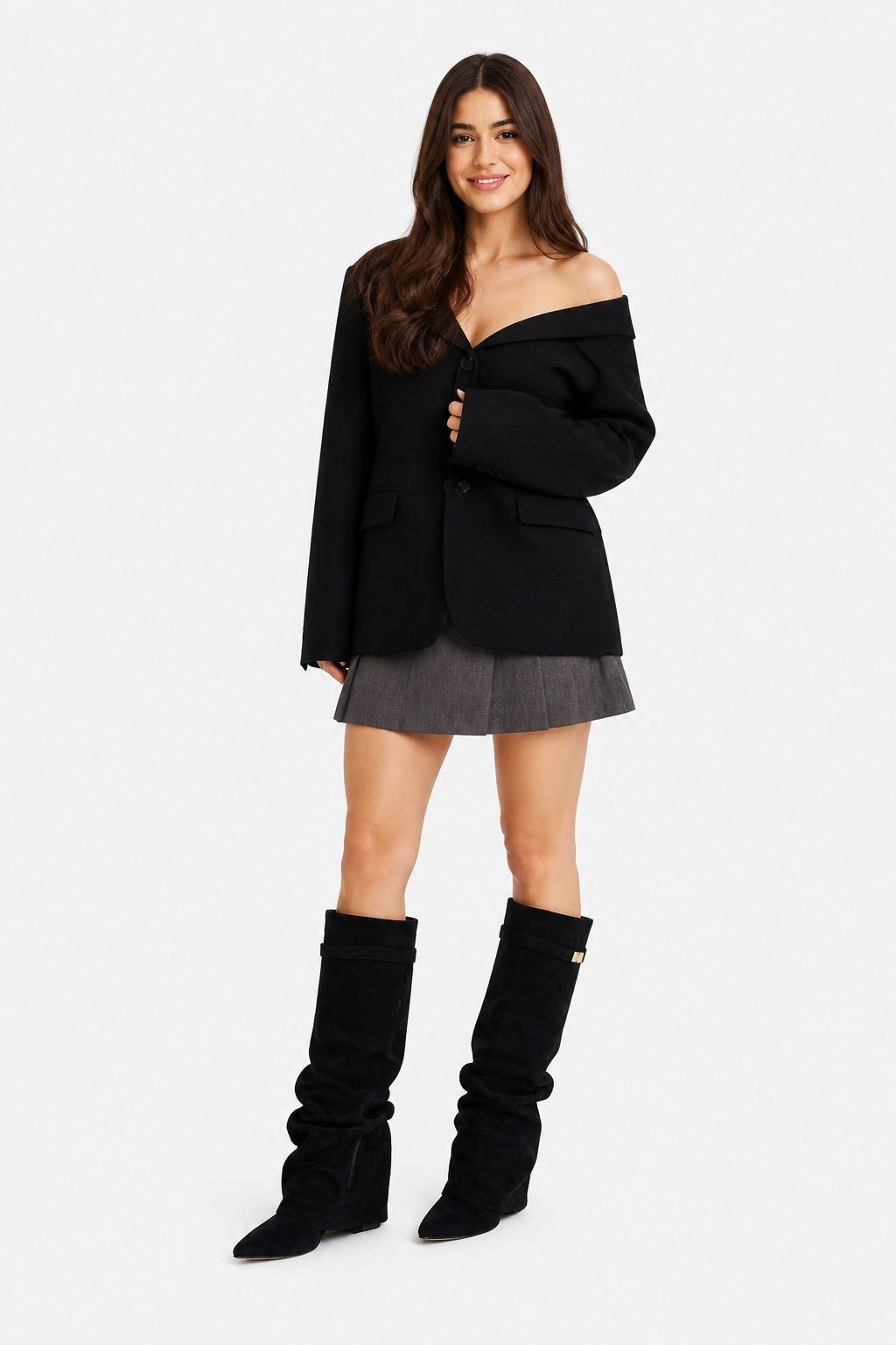 Knee High Slouch Boots - Pointed Toe - Black - whole body