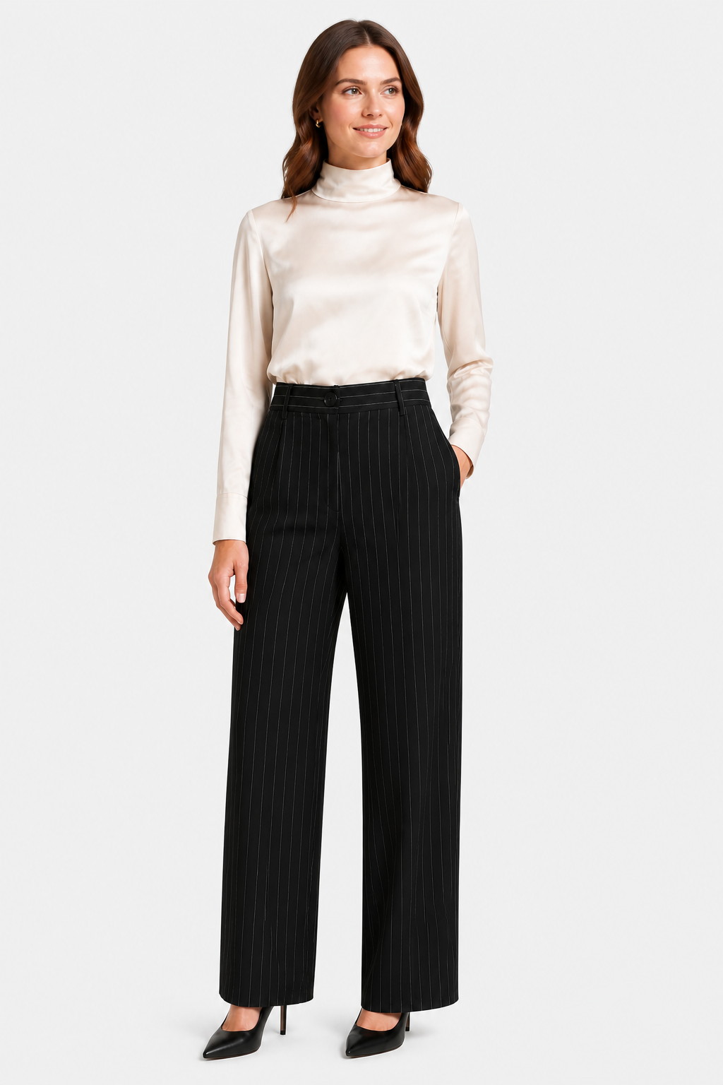 Belloire – Refined pinstripe elegance – Wide-leg trousers - Black - whole body