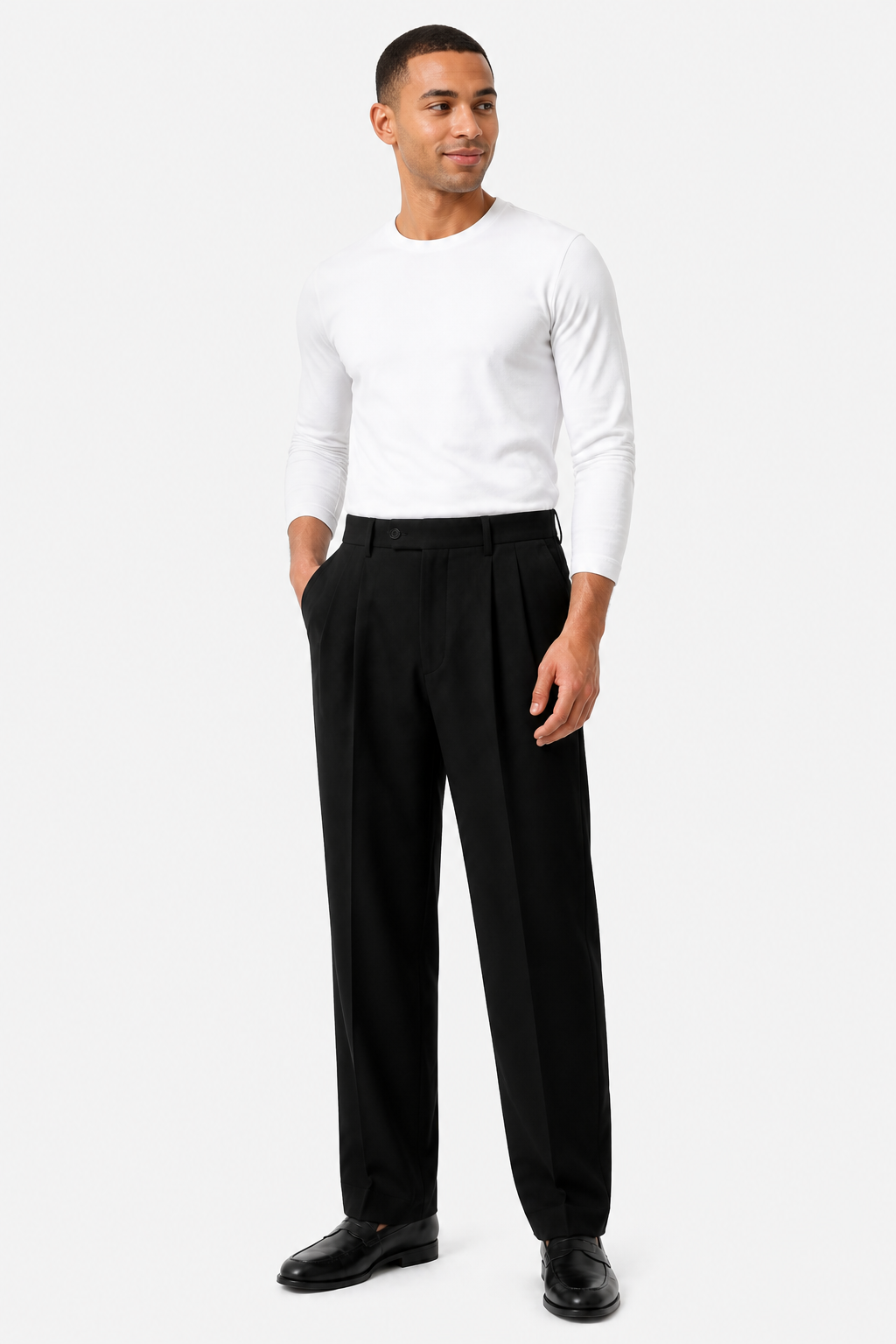 Men's Smart Pleated Trousers - BLACK - whole body