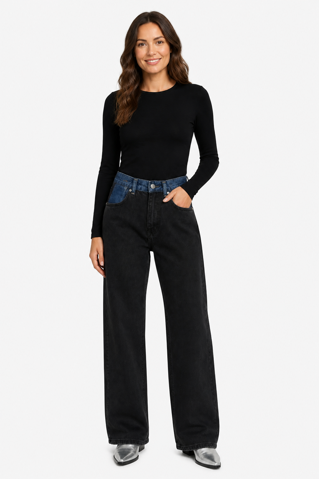 Noirelle – Tri-fold waistband detail – Straight leg jeans - Black - whole body