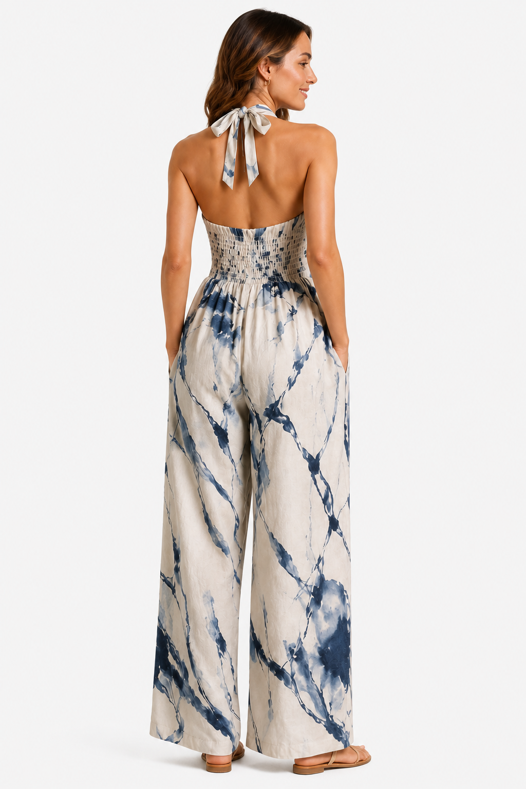 Women’s Printed Wide-Leg Jumpsuit – Relaxed Summer Fit - Blue - back