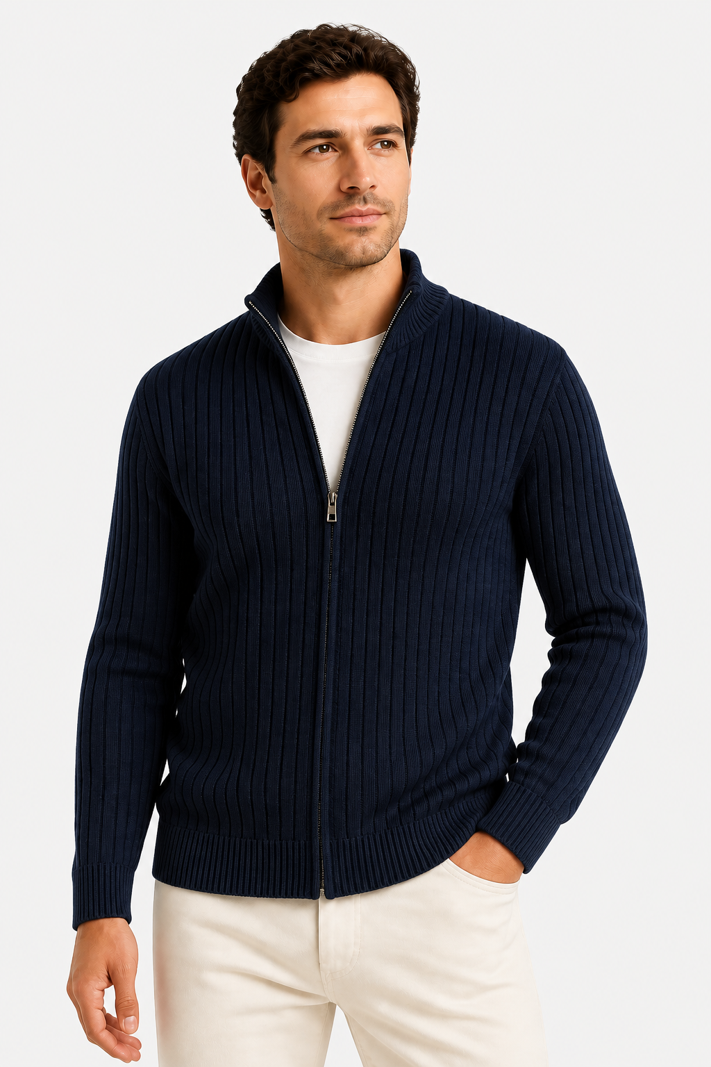 Harrington Oxford | Men's Cardigan Grey Ribbed Knit Lightweight Casual and Formal Design for Men - Blue - front