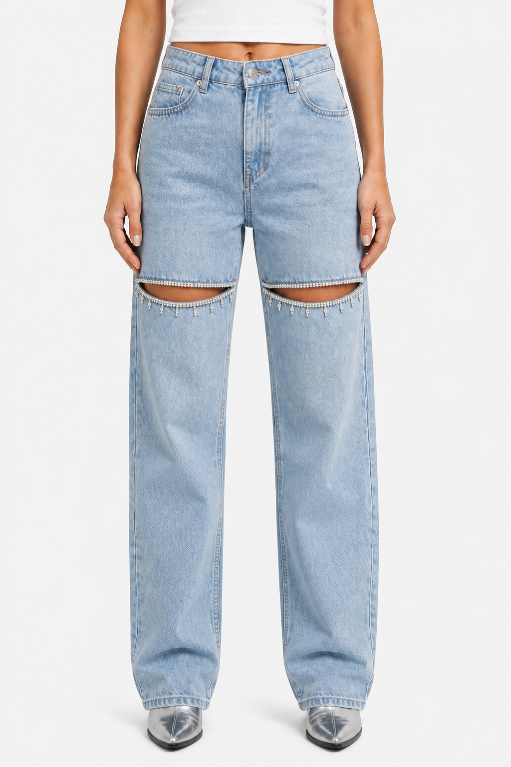 Velmoura – Crystal cut detail – Wide leg jeans - Blue - front