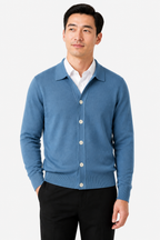 Men's Knit Cardigan Button Front Collar Classic Fit - Blue - front