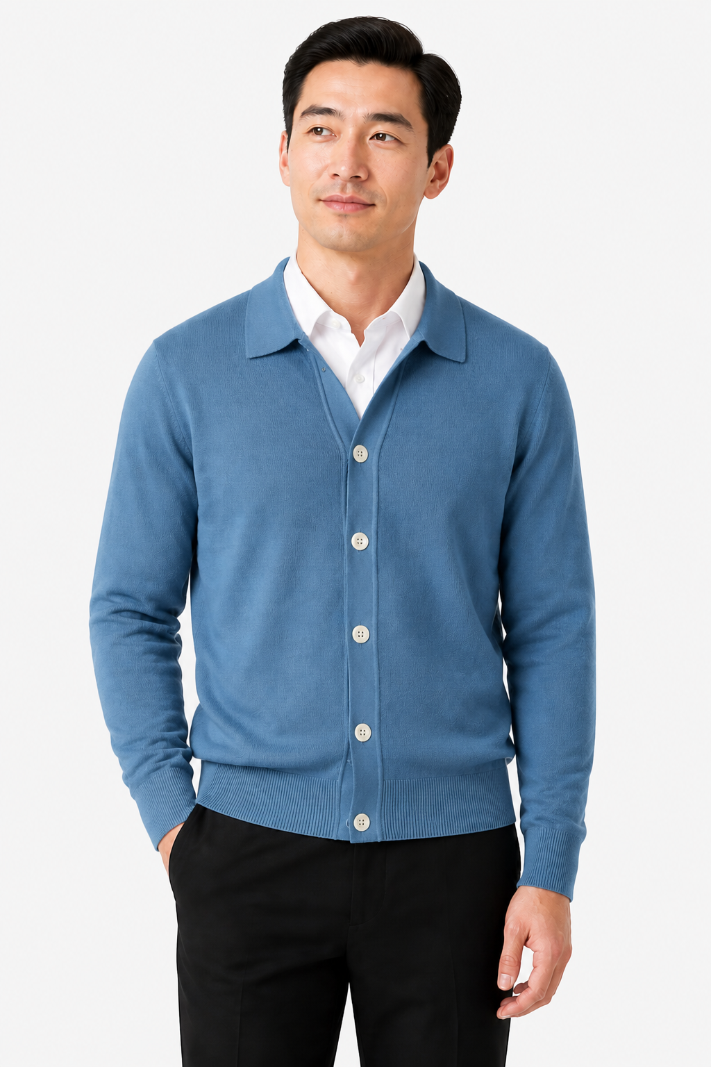 Men's Knit Cardigan Button Front Collar Classic Fit - Blue - front