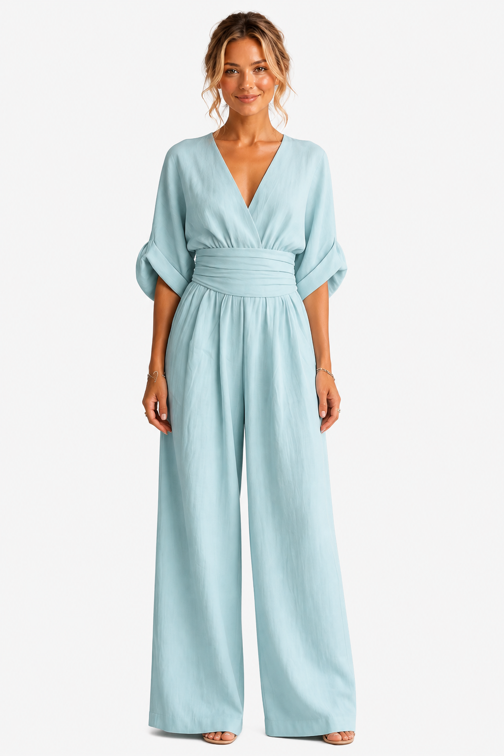 Valoria – Draped waist elegance – Wide-leg jumpsuit - Blue - front