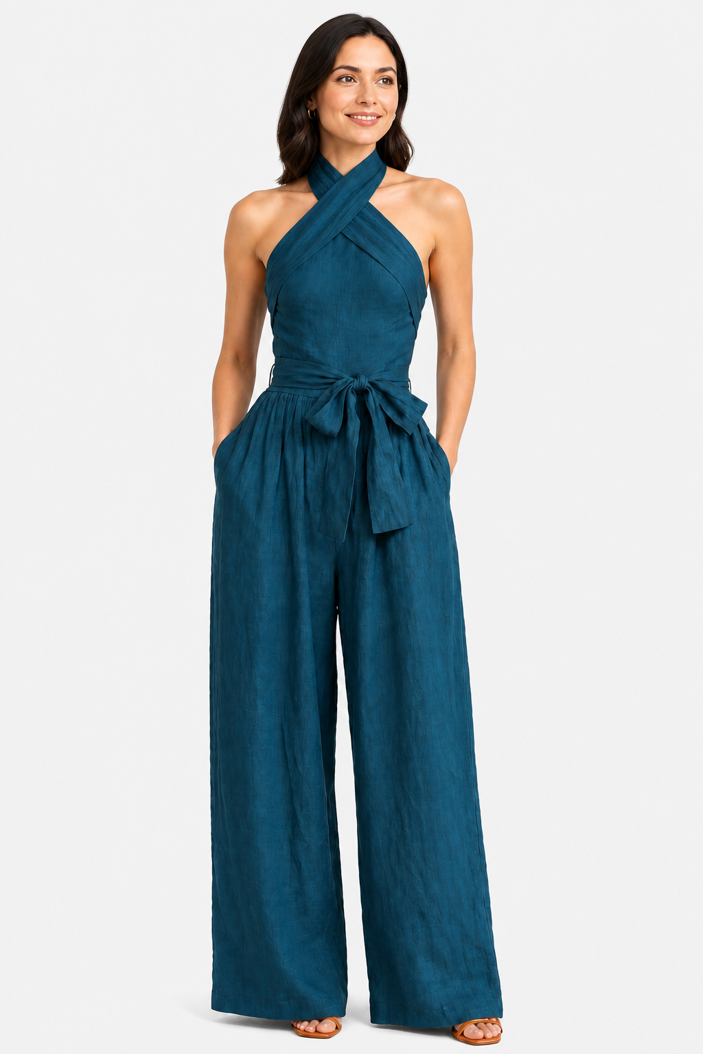 Aveline – Cross-halter sophistication – Wide-leg jumpsuit - Blue - front