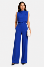 Women’s Jumpsuit with Sleeveless Upper and Wide-Leg Design - Blue - front